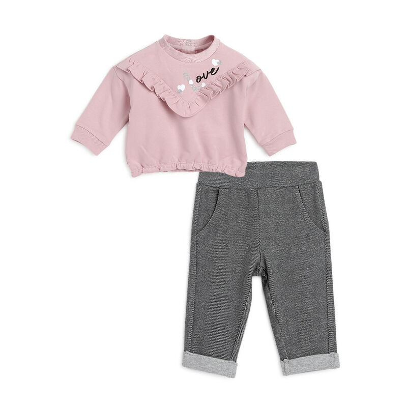 Girls Medium Pink Solid Sweatshirt with Long Pants image number null